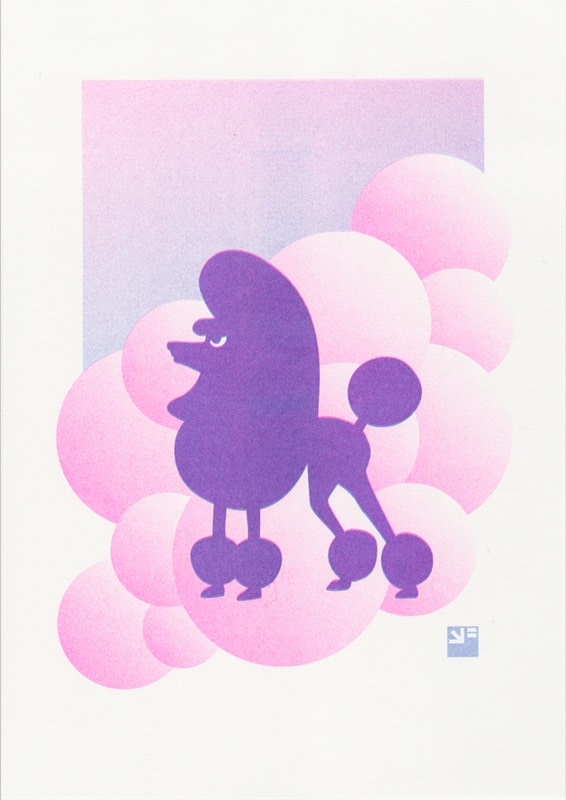 A4 risograph print of Angry Animals French Poodle on Thundercloud 9 in pink and blue