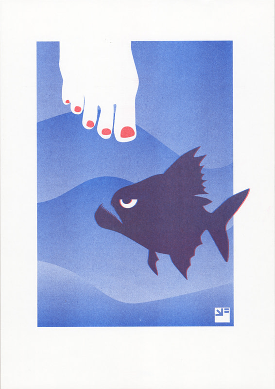 A4 risograph print of Angry Anmals Piranha in red and blue