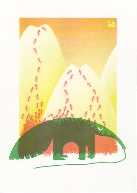A4 risograph print of Angry Animals Anteater in red, green and yellow